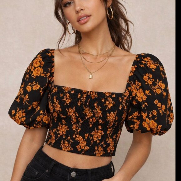 Black Floral Puff Sleeve Crop Top – Square Neck Romantic Cottagecore Size S - Picture 2 of 10